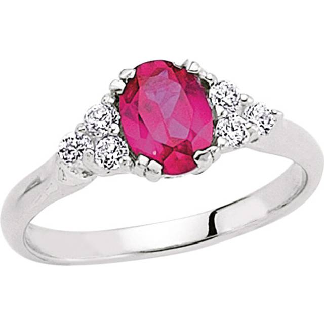 (M) Jewelco London Ladies Rhodium Plated Sterling Silver Red Oval Cubic Zirconia Solitaire Engagement Ring