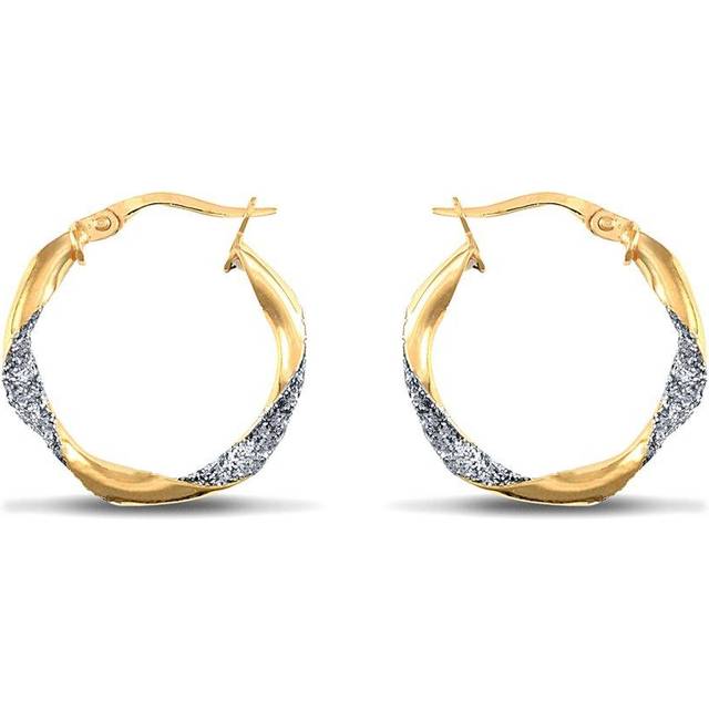 Jewelco London Ladies 9ct Yellow and White Gold Crushed Ice Glitter Twist 3mm Hoop Earrings 21mm - JER661A - Multicoloured