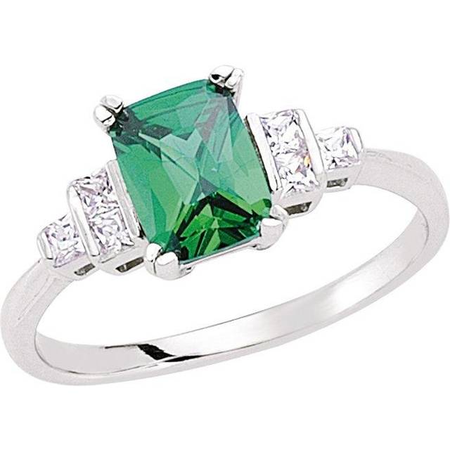 (N) Jewelco London Ladies Rhodium Sterling Silver Green Emerald and Princess Cut Cubic Zirconia Solitaire Engagement Ring