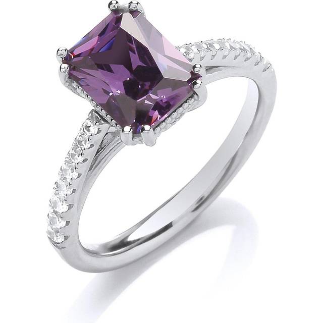 (P) Jewelco London Ladies Rhodium Plated Sterling Silver Purple Radiant Cut Cubic Zirconia Majestic Solitaire Dress Ring