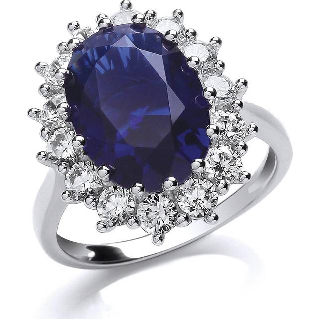 (N) Jewelco London Ladies Rhodium Sterling Silver Blue Oval Cubic Zirconia Royal Princess Cluster Solitaire Engagement Ring