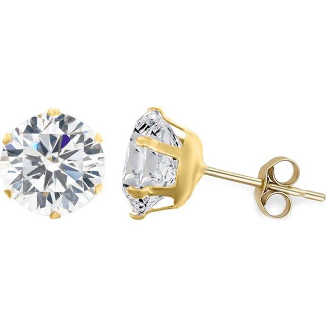 Jewelco London 9ct Yellow Gold White Round Brilliant Cubic Zirconia 6 Claw Solitaire Stud Earrings, 7mm - JES101