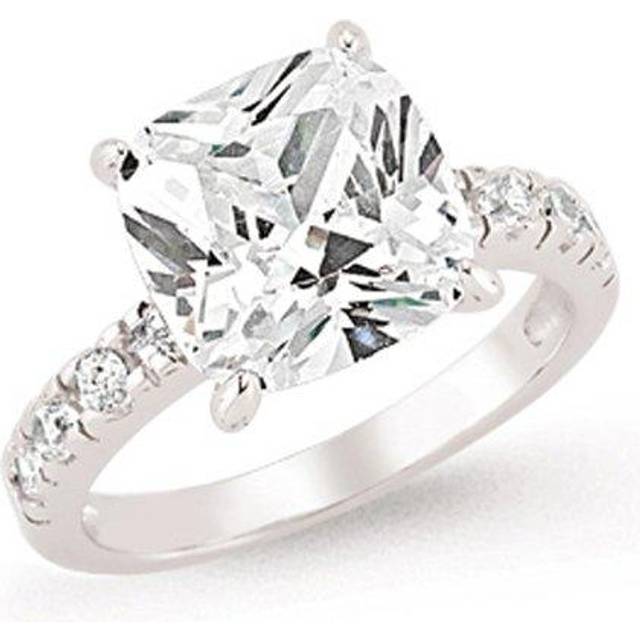 (O) Jewelco London Ladies Rhodium Sterling Silver Asscher Cubic Zirconia Shoulder-Set 4 Claw Solitaire Engagement Ring
