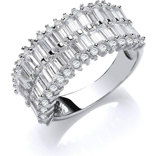 (P) Jewelco London Ladies Rhodium Plated Sterling Silver baguette Cubic Zirconia 3 Row Channel Eternity Ring