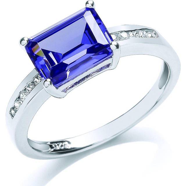 (R) Jewelco London Ladies Rhodium Sterling Silver Purple Emerald Cut CZ Shoulder-Set 4 Claw Solitaire Engagement Ring