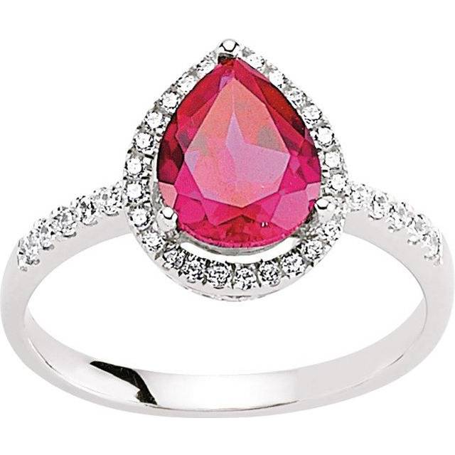 (P) Jewelco London Ladies Rhodium Plated Sterling Silver Red Pear Cubic Zirconia Halo Engagement Ring