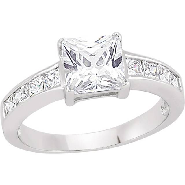 (O) Jewelco London Ladies Rhodium Sterling Silver Square Cubic Zirconia Shoulder-Set 4 Claw Solitaire Engagement Ring
