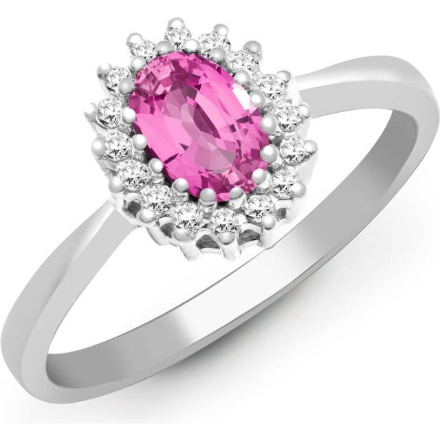 (Q) Jewelco London 9ct White Gold H I2 0.12ct Diamond and Oval Pink 0.68ct Sapphire Classic Royal Cluster Ring 9mm - Silver