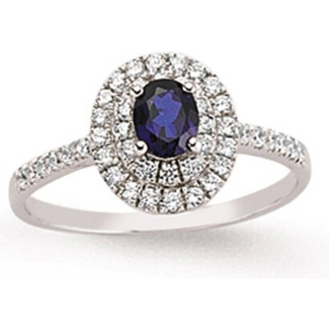 (R) Jewelco London Ladies Rhodium Plated Sterling Silver Blue Oval Cubic Zirconia Halo Engagement Ring
