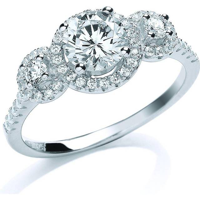 (O) Jewelco London Ladies Rhodium Plated Sterling Silver Cubic Zirconia Halo Trilogy Engagement Ring