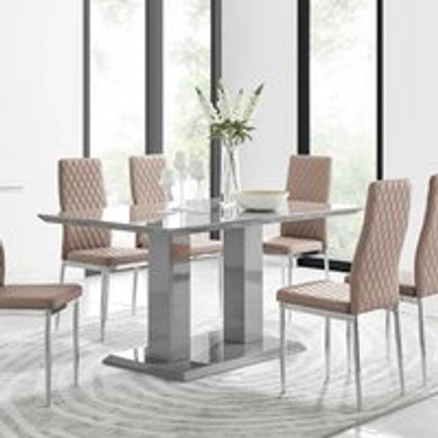 Furniturebox Molini Modern Valera 6 Seater Dining Set Grey Gloss Cappuccino and Chrome - Brown