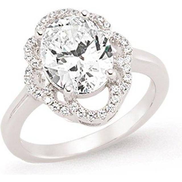 (P) Jewelco London Ladies Rhodium Plated Sterling Silver Oval Cubic Zirconia Solitaire Engagement Ring