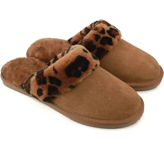 Grace Leopard Print Sheepskin Slippers - Brown - 8