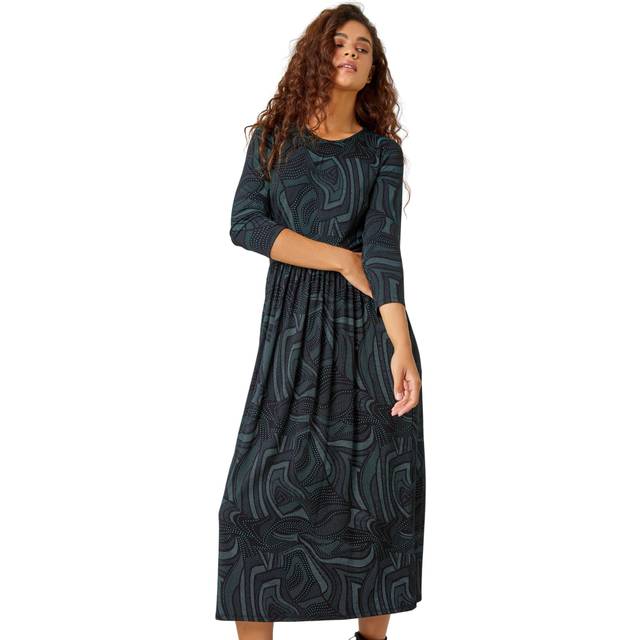 Abstract Print Pocket Midi Stretch Dress - Green - Size 14 - Roman