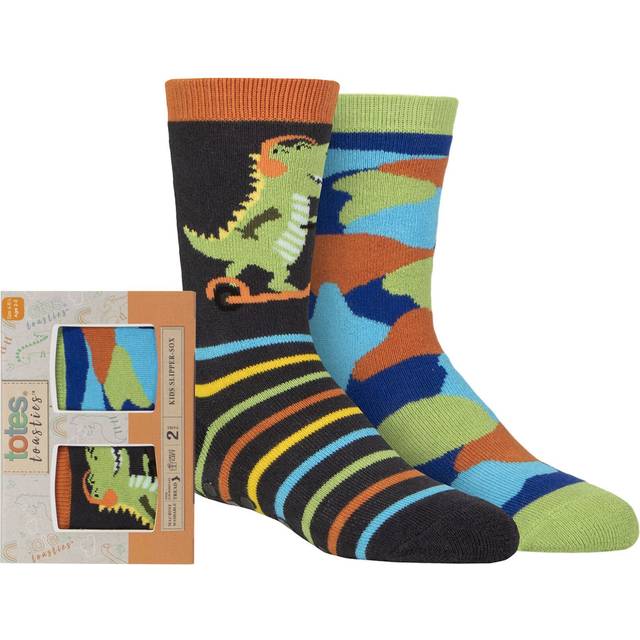 Boys 2 Pair Totes Tots Originals Novelty Slipper Socks Dinosaur 1-2 Years - Multi Coloured