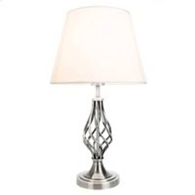 Traditional Satin Nickel Table Lamp with Barley Twist Base and Linen Shade, Silver