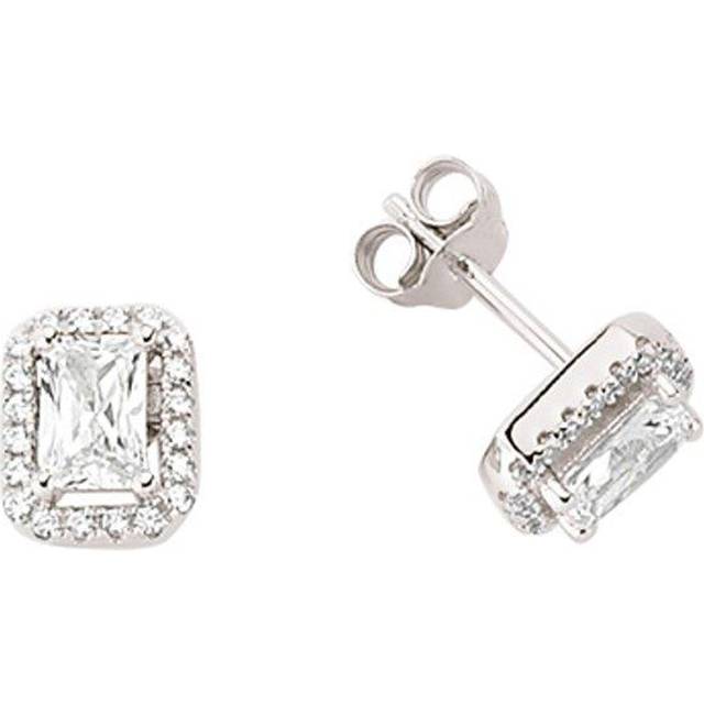 Jewelco London Ladies Sterling Silver Emerald Cut Cubic Zirconia Halo Stud Earrings - GVE351