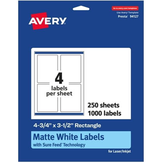 "Avery Matte White Rectangle Labels with Sure Feed  4.75"""""""" x 3.5""""""""  1000 Labels  Print-to-The-Edge  Laser/Inkjet Printable Labels"