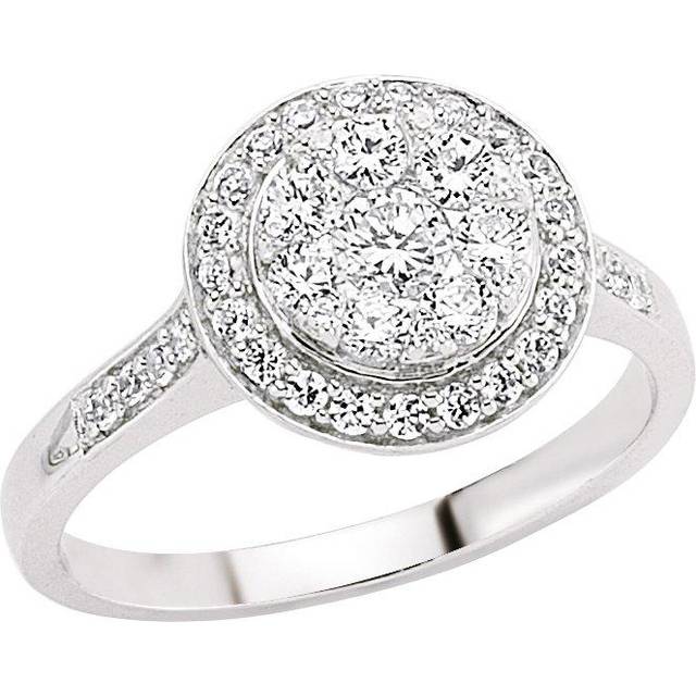 (P) Jewelco London Ladies Rhodium Plated Sterling Silver Cubic Zirconia Shoulder-Set Halo Cluster Engagement Ring