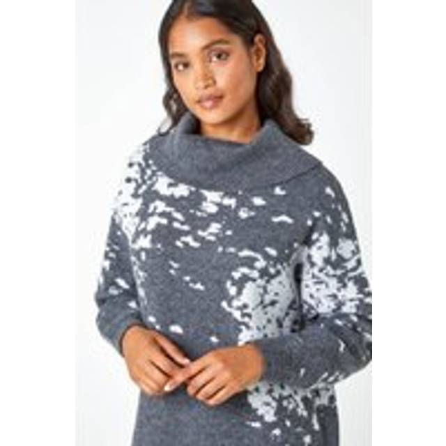 Abstract Print Cowl Neck Jumper Dress - Dark Grey - 18