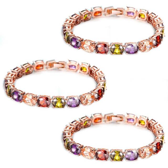 3X Linked Bangle Bracelet Zirconia Chain Fashion Women Gift Bridal, 18CM - Gold