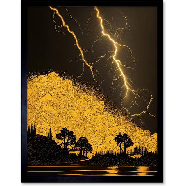 Wall Art Print Gold and Black Thunder Storm with Bright Lightning at Lakeside Tree Silhouette Art Framed - W12 inch x H16 inch