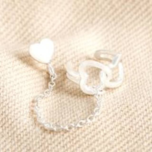 Sterling Silver Heart Stud Cuff and Chain Earring - silver - one size