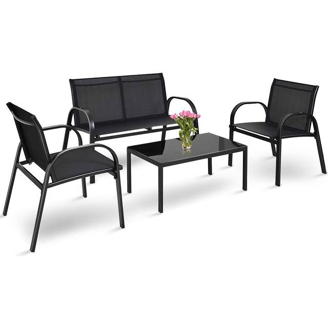 4 Piece Rattan Patio Furniture Set - Weather-Resistant, Modern Design | Wowcher - Black