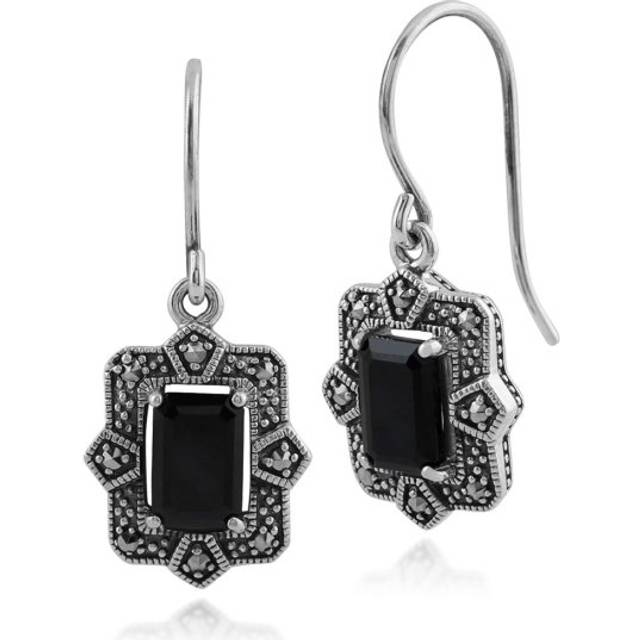 Art Deco Style Black Spinel & Marcasite Drop Earrings in Silver
