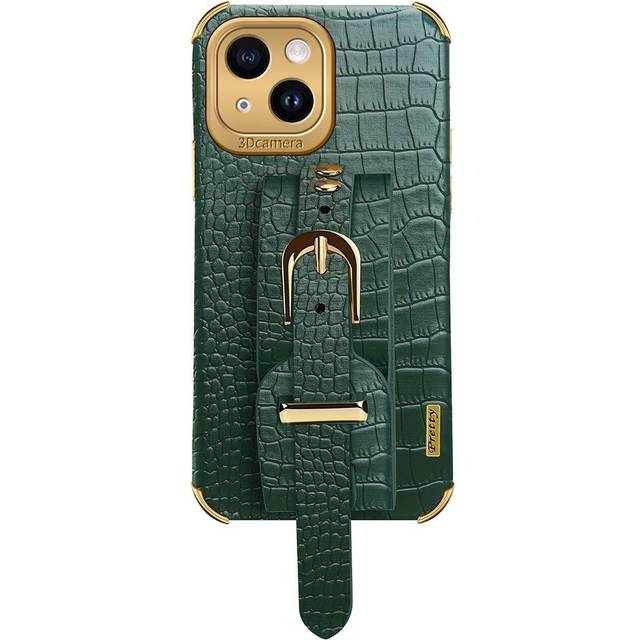 iPhone 14 Krokodilläder Skal med Inbyggd Rem - Grön