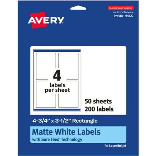 "Avery Matte White Rectangle Labels with Sure Feed  4.75"""""""" x 3.5""""""""  200 Labels  Print-to-The-Edge  Laser/Inkjet Printable Labels"