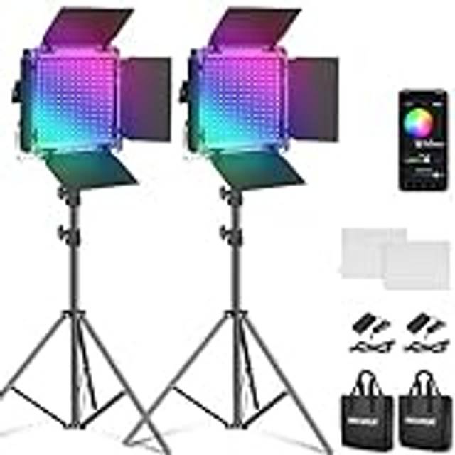 NEEWER 2 x 660 PRO RGB LED-videolampa panel med stativ set app kontroll 360° fullfärg videoljus 50 W dimbar 3 200~5 600 K CRI97+ studio kontinuerligt ljus spel/streaming/zoom/YTB/Webex/fotografering