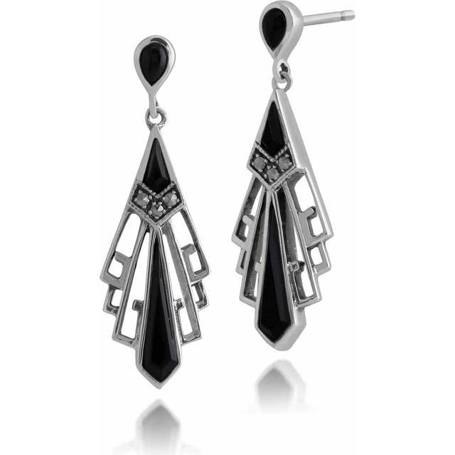 Art Deco Style Round Black Onyx & Marcasite Fan Drop Earrings in 925 Sterling Silver