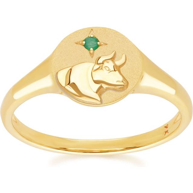 (N) Zodiac Emerald Taurus Signet Ring In 9ct Yellow Gold