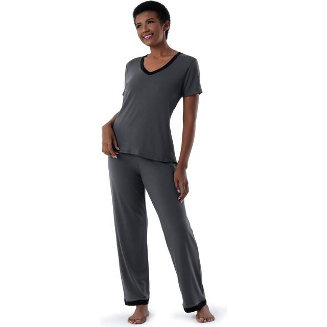 Fruit of the Loom Women's Short Sleeve Tee and Pant 2 Piece Sleep Pajama Set  Soft Grey  Small