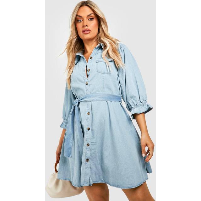 Womens Plus Denim Pocket Tie Belt Skater Dress - White - 20, White