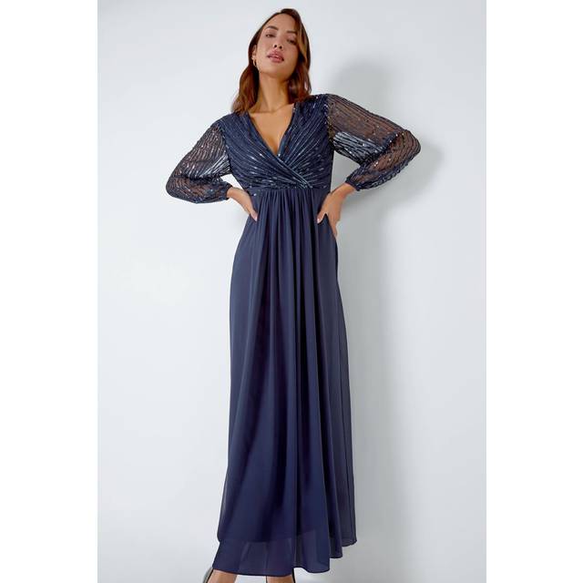 Roman Midnight Blue Sparkle Bead Embellished Maxi Dress - Size 12