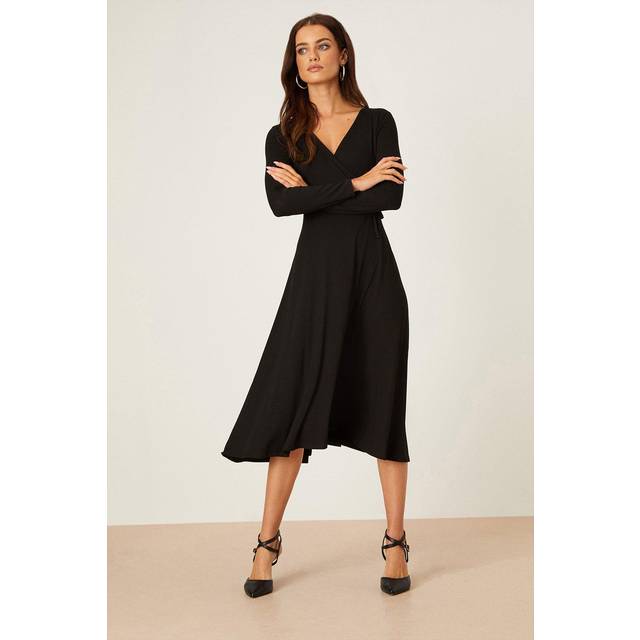 Womens Petite Black Long Sleeve Wrap Midi Dress - 6