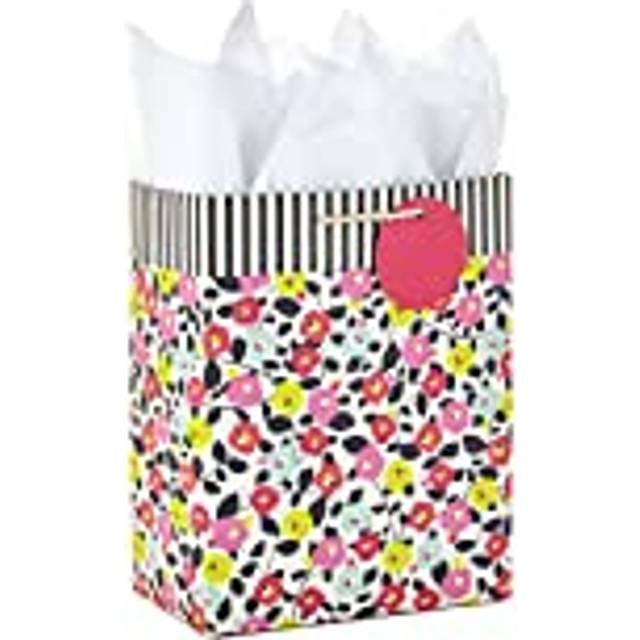 "Hallmark 9"""" Medium Gift Bag with Tissue Paper (Flowers and Stripes) for Birthdays  Mother's Day  Baby Showers  Bridal Showers  Weddings or Any Occasi"