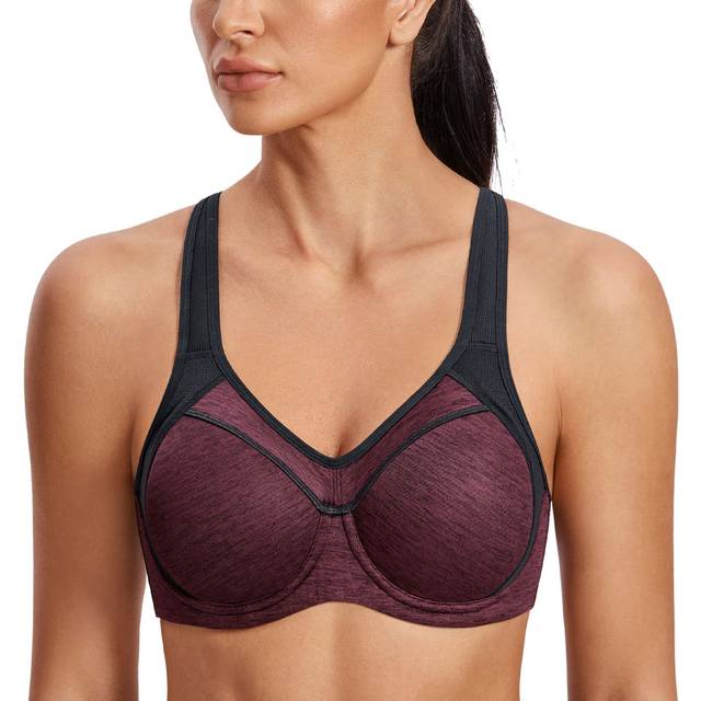 SYROKAN Womens Full Support High Impact Racerback Lightly Lined Underwire Sports Bra Dark red Flower ash 34DD