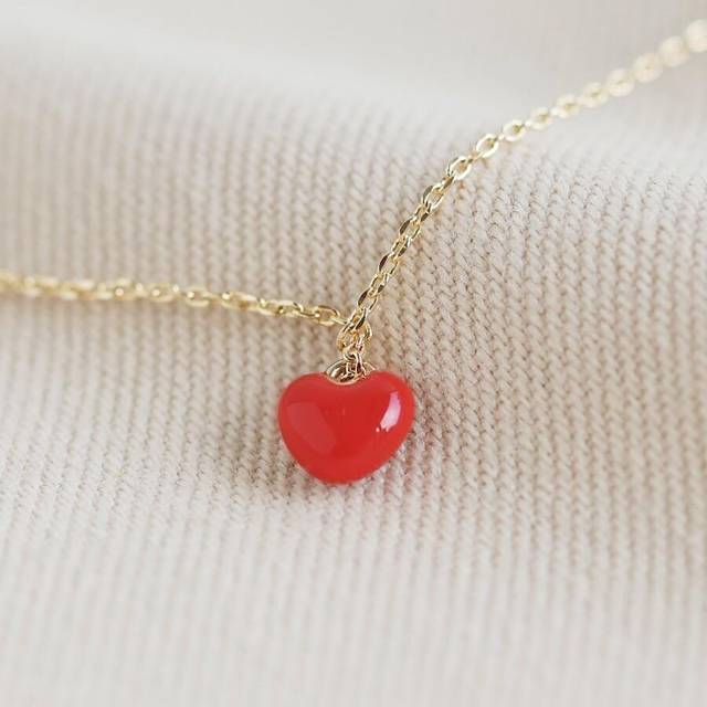 Tiny Red Enamel Heart Necklace - red/gold - one size
