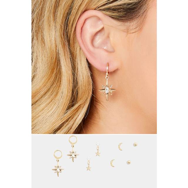 4 Pack Gold Star Diamante Earrings Set - One Size
