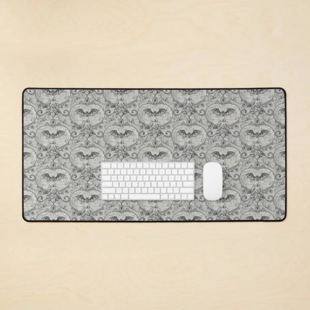 Desk Mat Gothic Halloween Lace - Bats - Light Grey Large Gaming Mouse Pad 35x16 inch