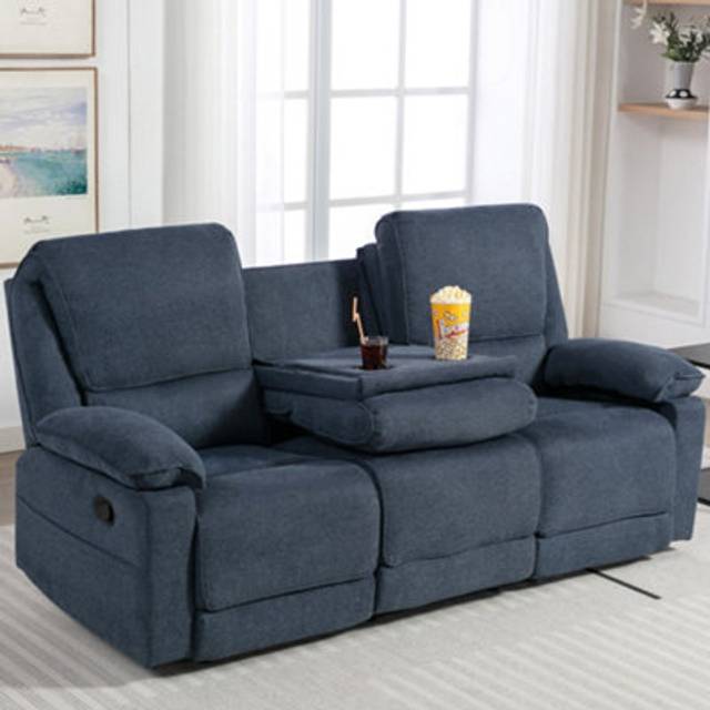 Sydney 3 Seater Fabric Manual Recliner Sofa with Drinks Console - Blue - One Size
