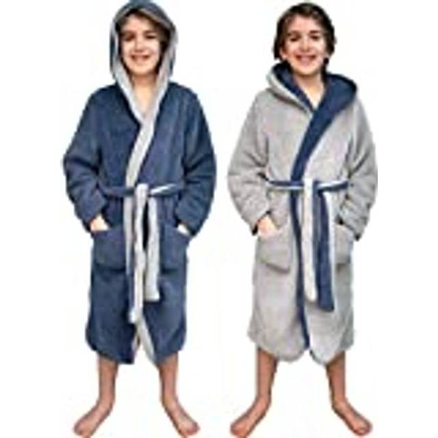 HOMELEVEL Gosig fleece-badrock för barn, sherpa-morgonrock med fickor, sjalkrage och bälte, vändbar barnbadrock för pojkar och flickor, 134-140