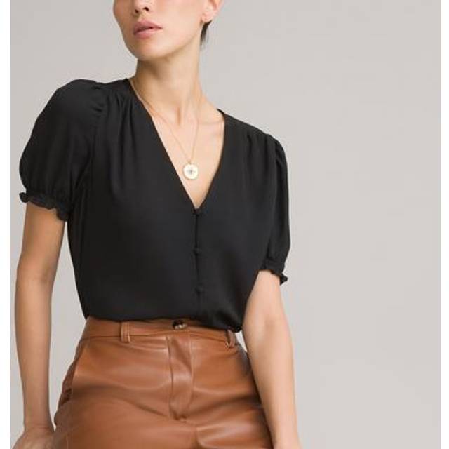 V-Neck Short Sleeve Blouse - Black - 6