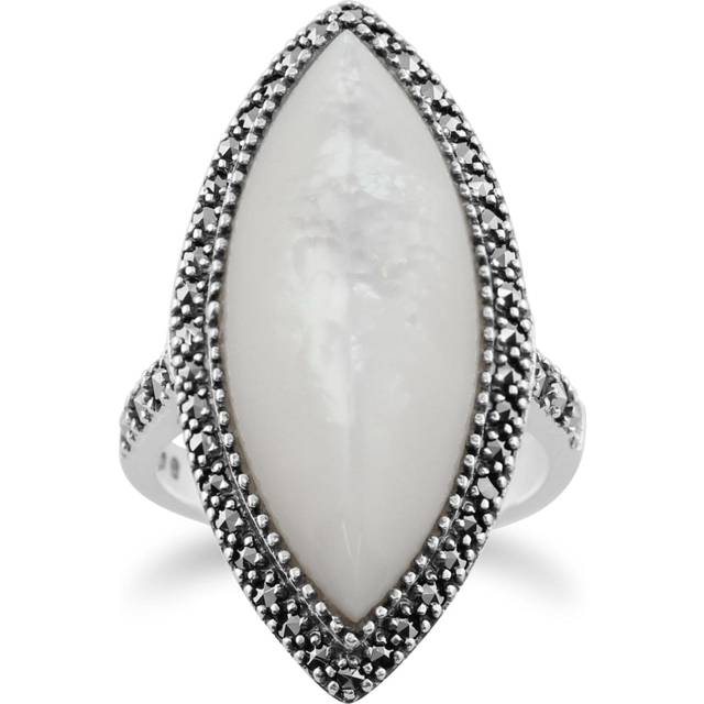 Art Deco Style Marquise Mother of Pearl & Marcasite Statement Ring in Silver