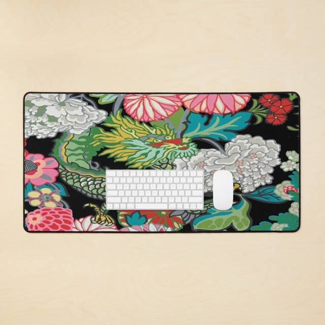 Desk Mat Vintage Oriental Peony Garden Botanical Chinoiserie with Dragon on Black Large Gaming Mouse Pad 35x16 inch