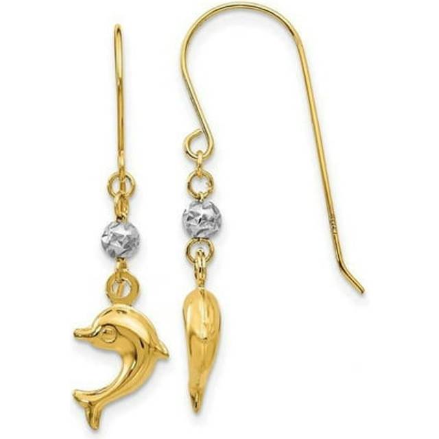 14K Two-Toned Puffed Dolphin Shepherd Hook Earrings