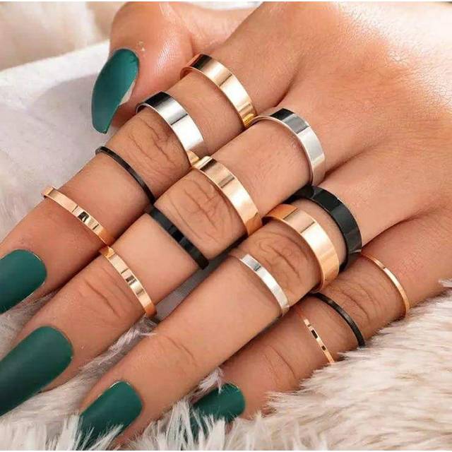 14 Piece Multicolour Bohemian Vintage Tribal Midi Stackable Rings - One Size